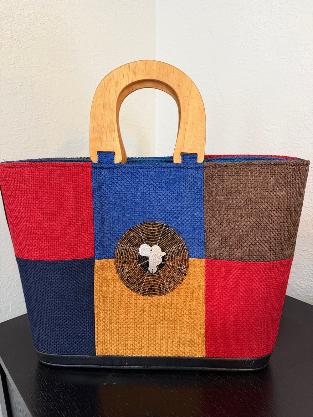 Colorblock Straw Tote Bag with Wooden Handles - Multicolor
